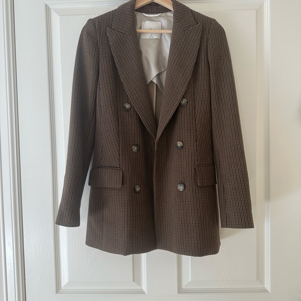 Aritzia Double-Breasted Brown Glen Plaid Blazer